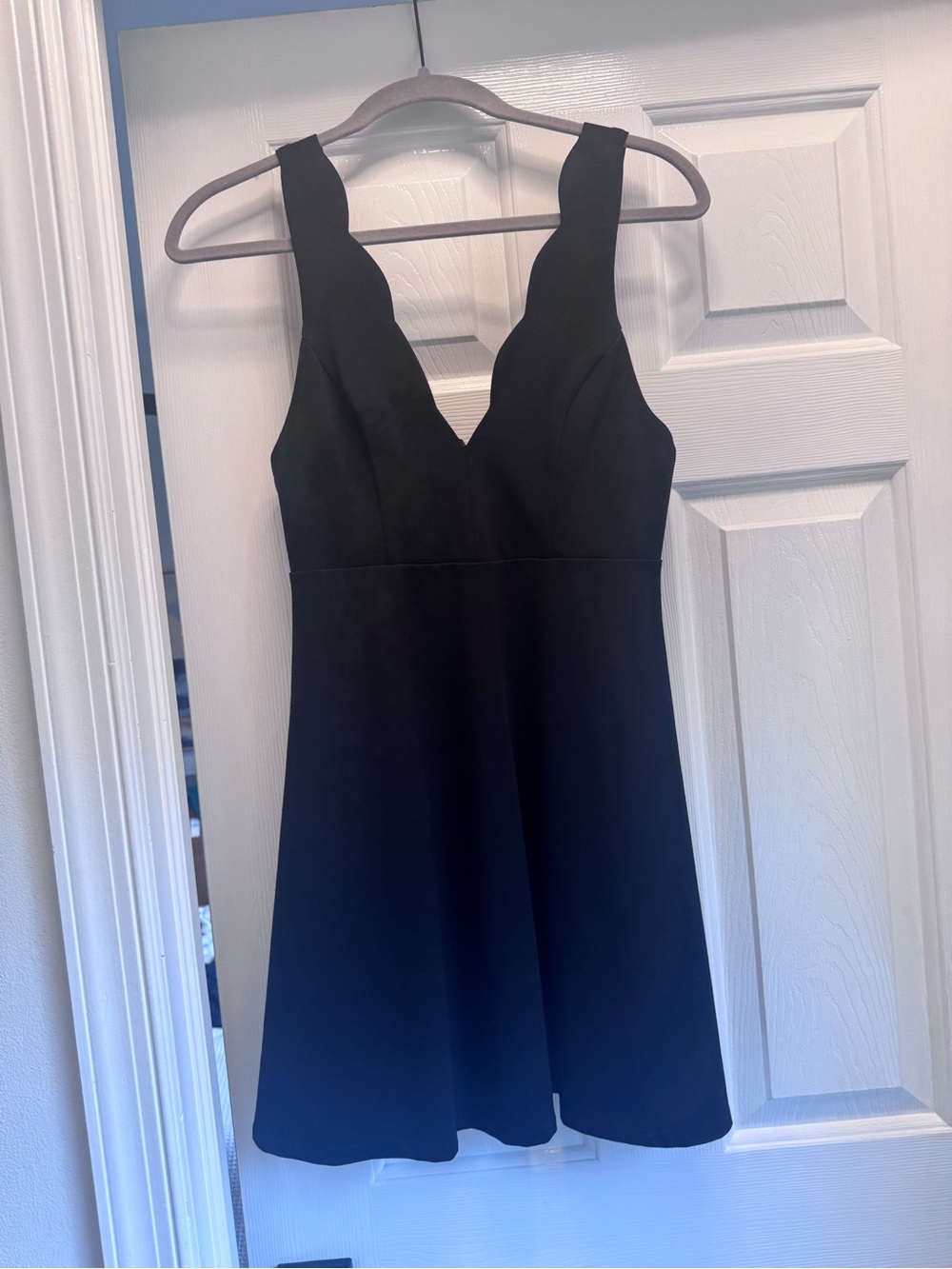 Scalloped V-Neck Black Mini Dress